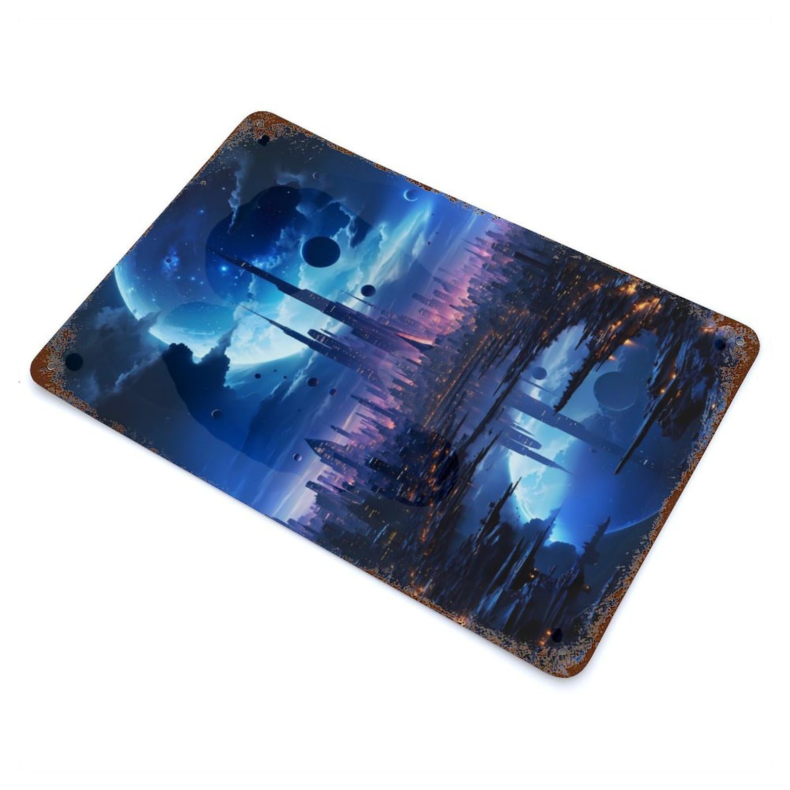 Futuristic City Moon Night Rusty Metal Tin Sign 11.8"x7.9", for Living Room, Hallway And Home Decor, Old School Wall Decor