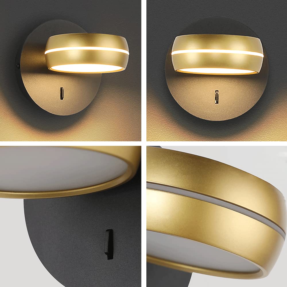 Lampa ścienna do pomieszczeń, obrotowa o 350°, z przełącznikiem, 6 W, LED, do salonu, sypialni, korytarza, schodów, czarno-złota.