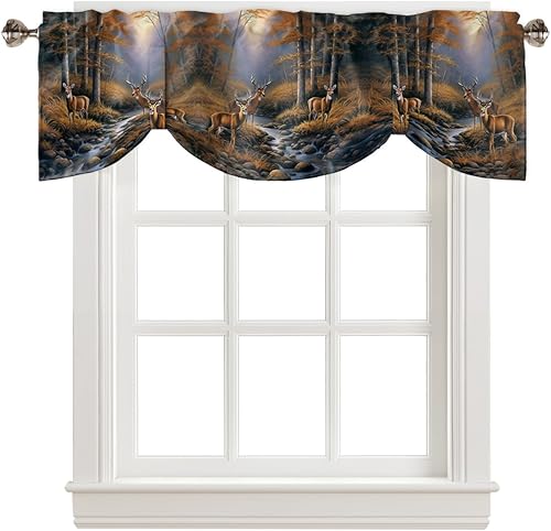 Cortina de cocina con cenefas de ventana con lazo, ciervos junto a un arroyo en lo profundo del bosque, con bolsillo para barra, cenefa de ventana disponible en Yaxa Guatemala