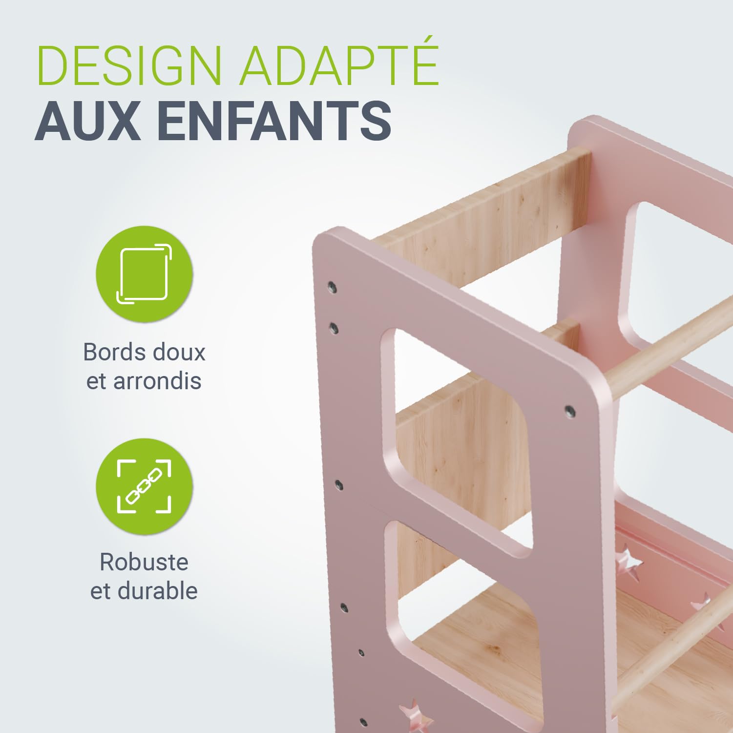Juskys Tour d'apprentissage Henny - pour Enfants à partir d'un an, Marche-Pied, réglable en Hauteur sur 3 Positions, Protection Anti-Bascule, Aide à la Cuisine - Rose