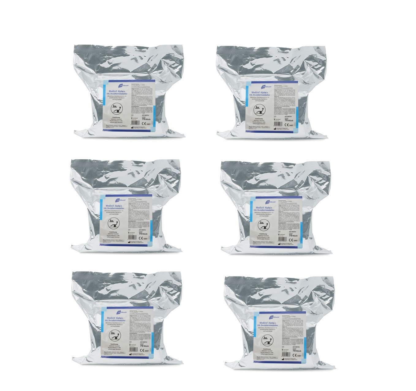 Meditrade 00970+ Medizid Alpha+ Alkoholfreie Desinfektionstücher 6 x Nachfüllpackung mit á 70 Tüchern