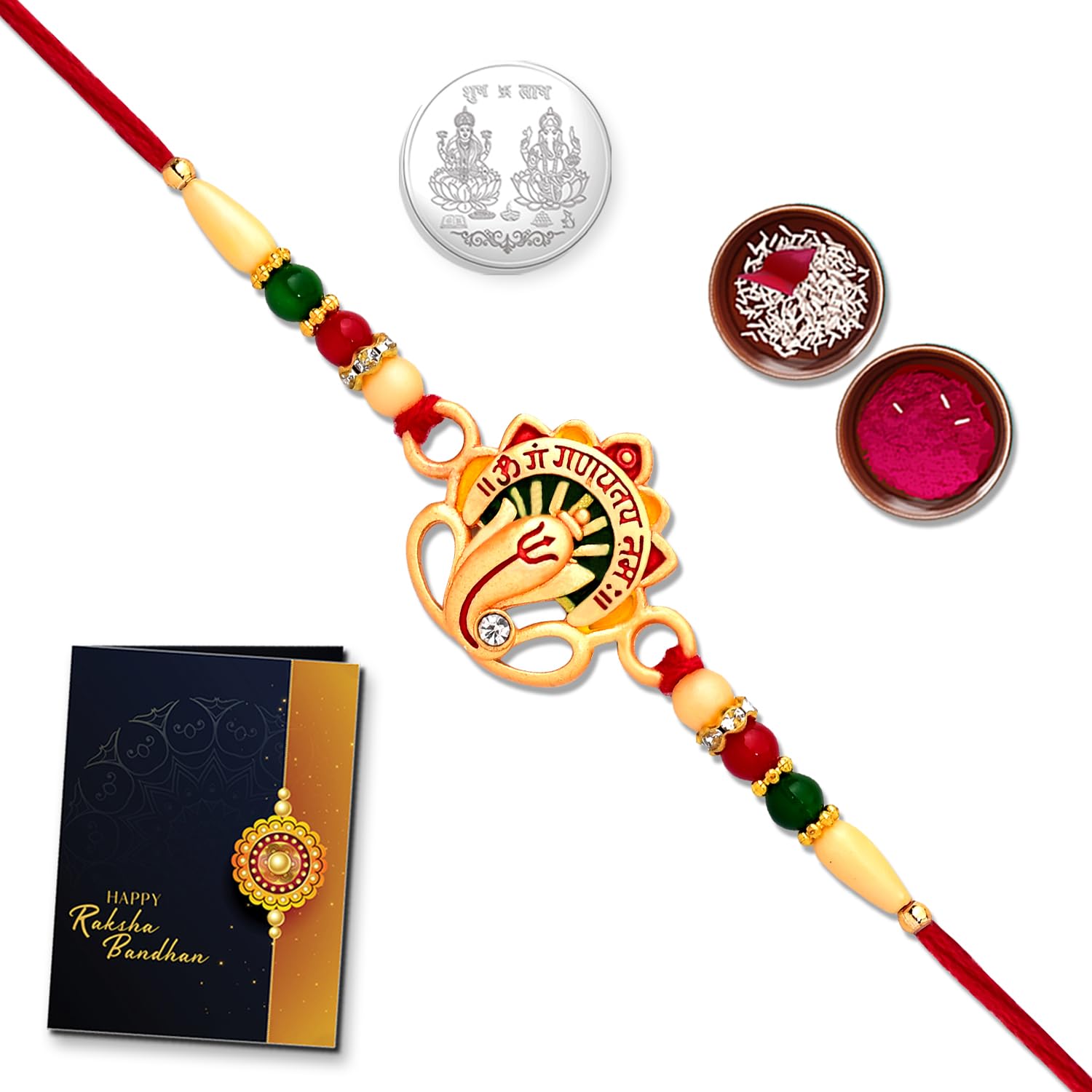 Multicolor (K1_509) Red flower rakhi Combo with Silver Color Pooja Coin, Tilak Set & Greeting Card | rakhi cards | rakhi design | kids silver Rakhi | Rakhi for brother | Rakhi Set for brother | rakhi combo for brother | Fancy Rakhi for brother | bracelets for men stylish | Set of 1 |-image-13