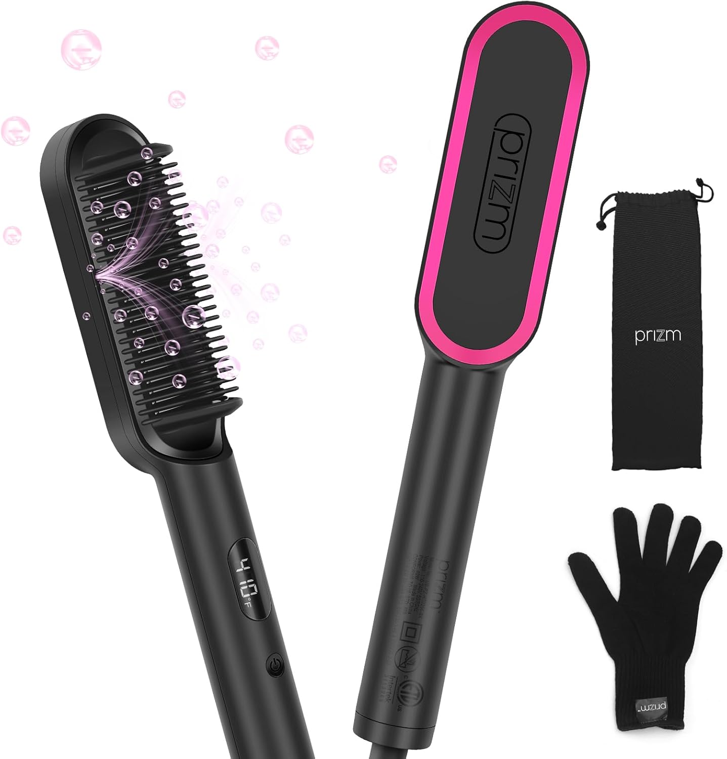 Prizm Hair Straightener Brush, 20s Fast Heating, Negative Ions Hair Straightener Comb with Less Frizz, 4 Temp Settings & LED Display, Anti-Scald Design, Perfect for Salon at Home, Dual Voltage, Black
