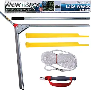 Jenlis The Original Weed Razer, Lake Weed Cutter, Large Pond Aquatic Plant Cutting Tool, Long and Sharp Razor Blades Shear Cattail, Reed, Lilly & Chara Algae, 48 Inch Cut Width, 25 Foot Throw Rope
