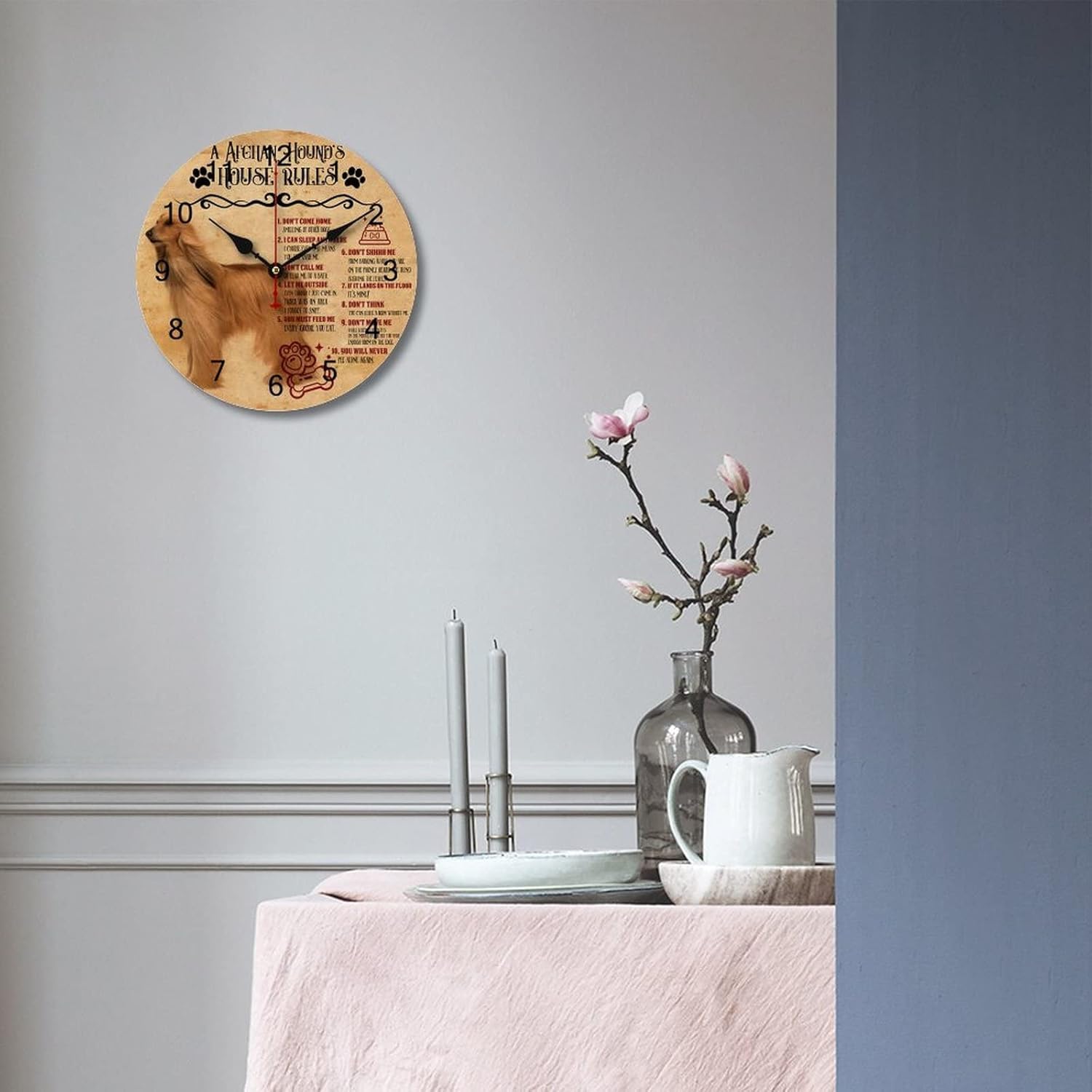 A Afghan Hound's House Rules Wall Clock Cute Afghan Hound Dog Hanging Clock 12 Inch Silent Non Ticking Battery Operated Decorative Round Wall Clocks for Kitchen Bedroom Living Room