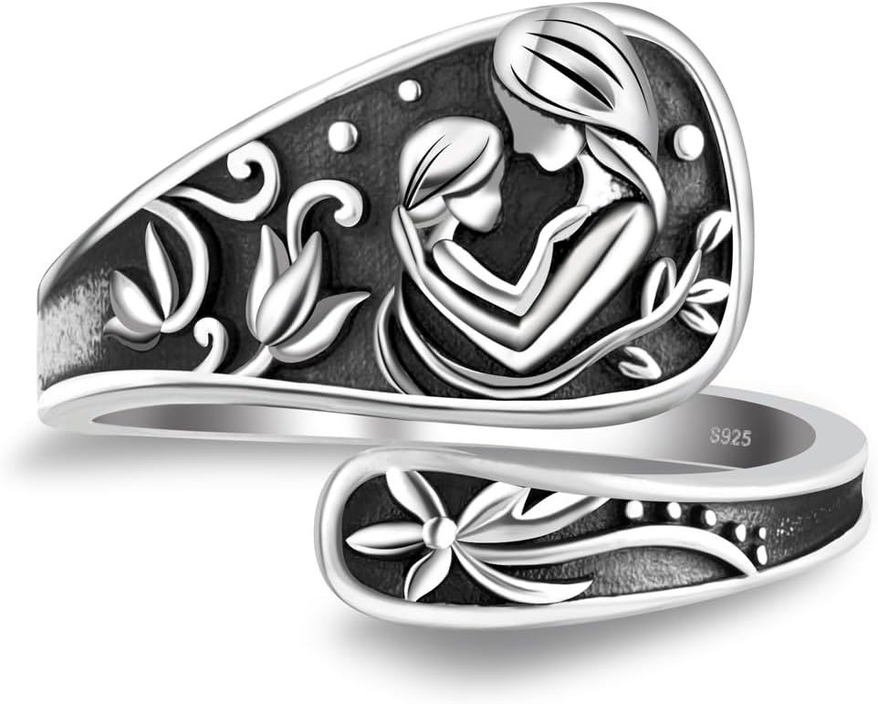Mother Daughter Spoon Ring for Women - 925 Sterling Silver Mom Vintage Victorian Jewelry Antique Spoon Thumb Wrap Ring Mother Day Gift for Grangdaughter