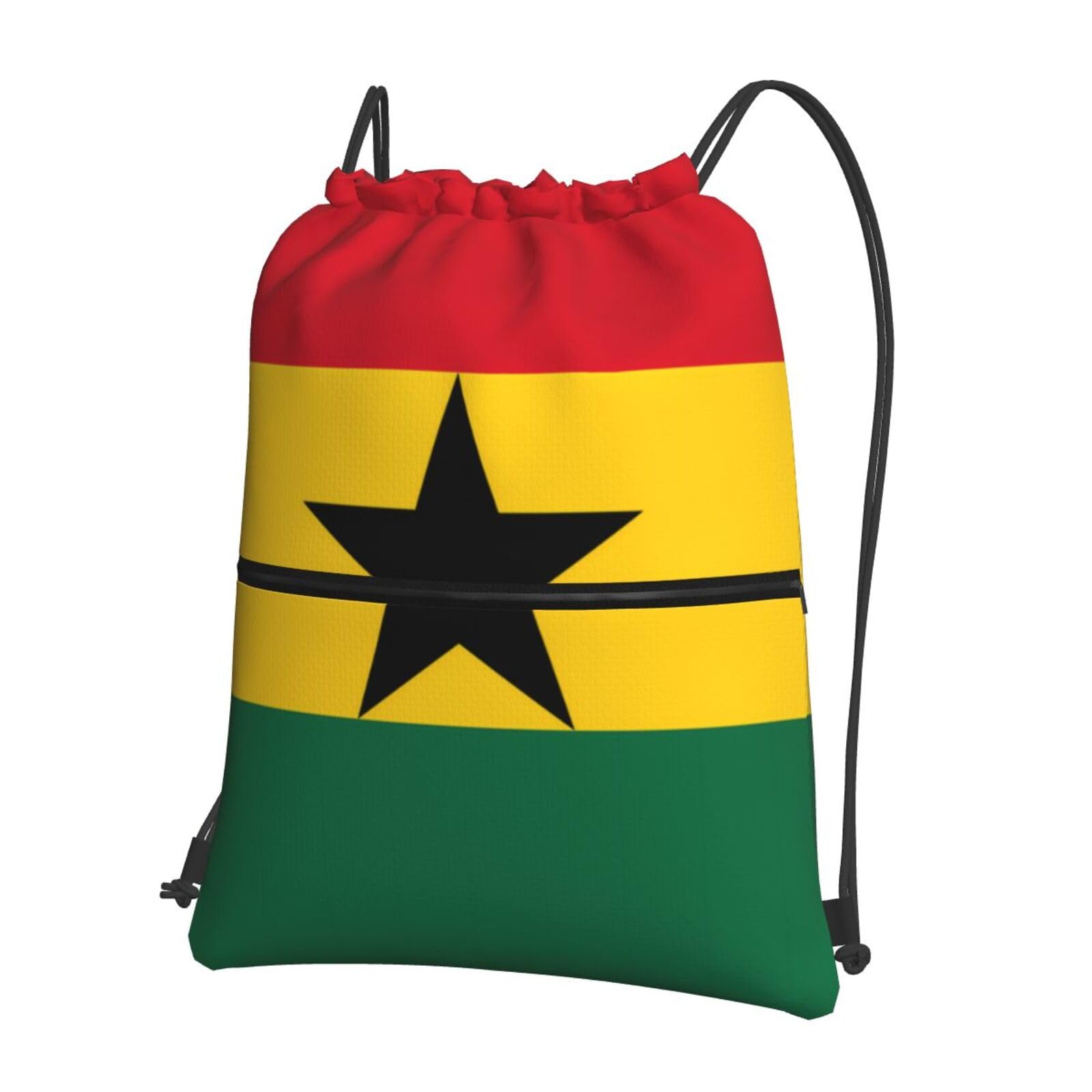 Chrysm Drawstring Backpack String Zipper Flag Of Ghana Bag For Yoga Gym Swimming Travel Fitness Sports Sackpack, Black, One Size, Daypack Backpacks