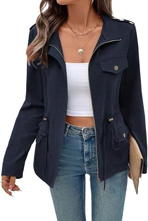 Casual jackets for women Casual Front Zipper Cinched Waist Long Sleeve Jacket
