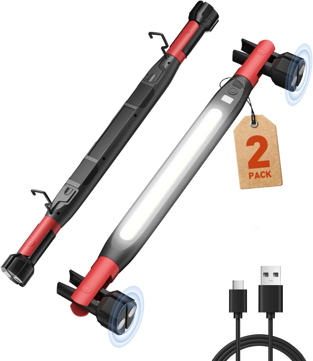 2 Pack Magnetic Work Light - Bright Rechargeable LED Work Light Bar, Under Hood Mechanic Light for Garage, Workshop, Vehicle Inspection, Gift for Mechanics