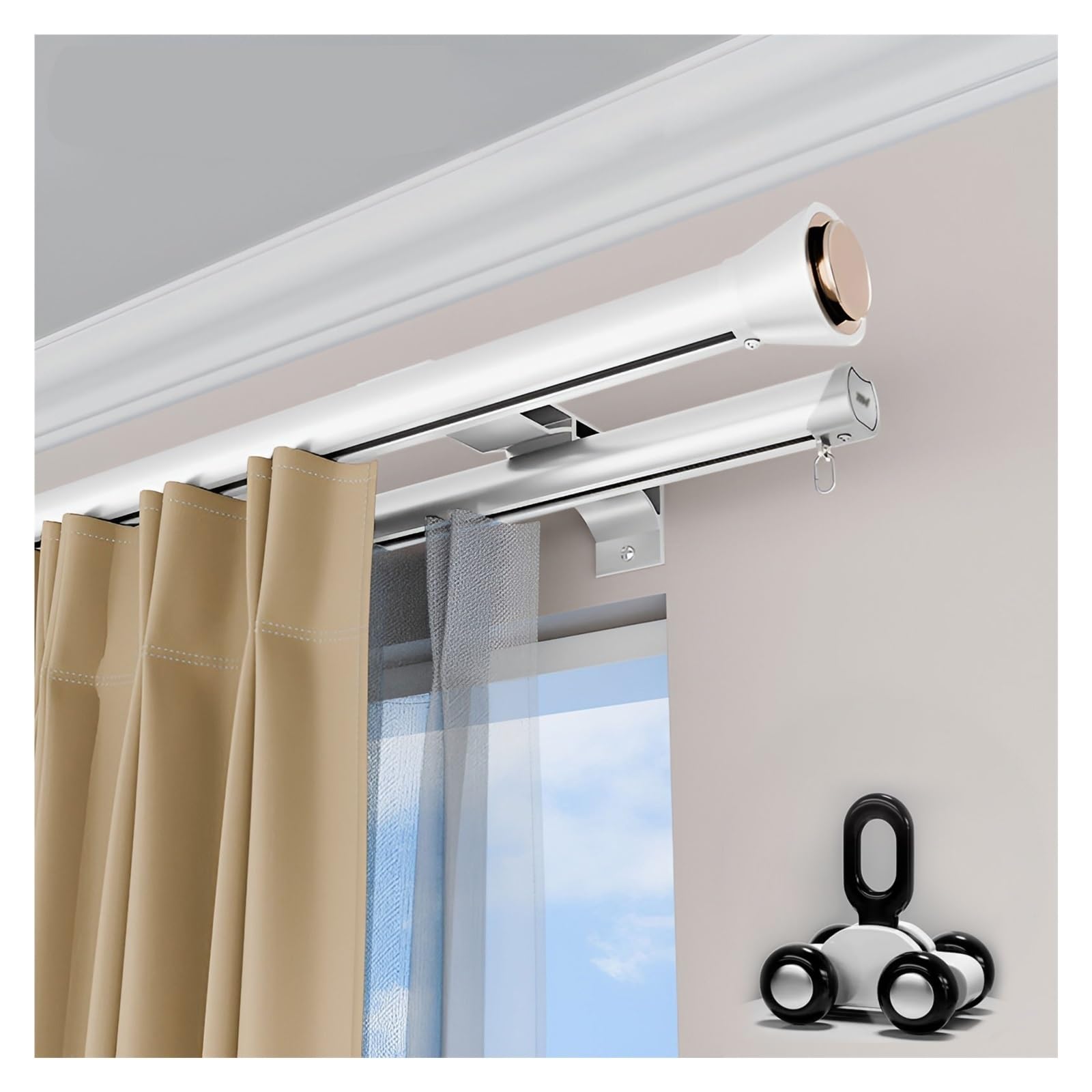 GTHTUHFD Double Curtain Rod For Wall, Aluminum Drapery Pole, 4-Wheel Pulley System For Sliding Curtains, White, 170Cm,Bianco-170cm/5.6ft (2 * 85cm)