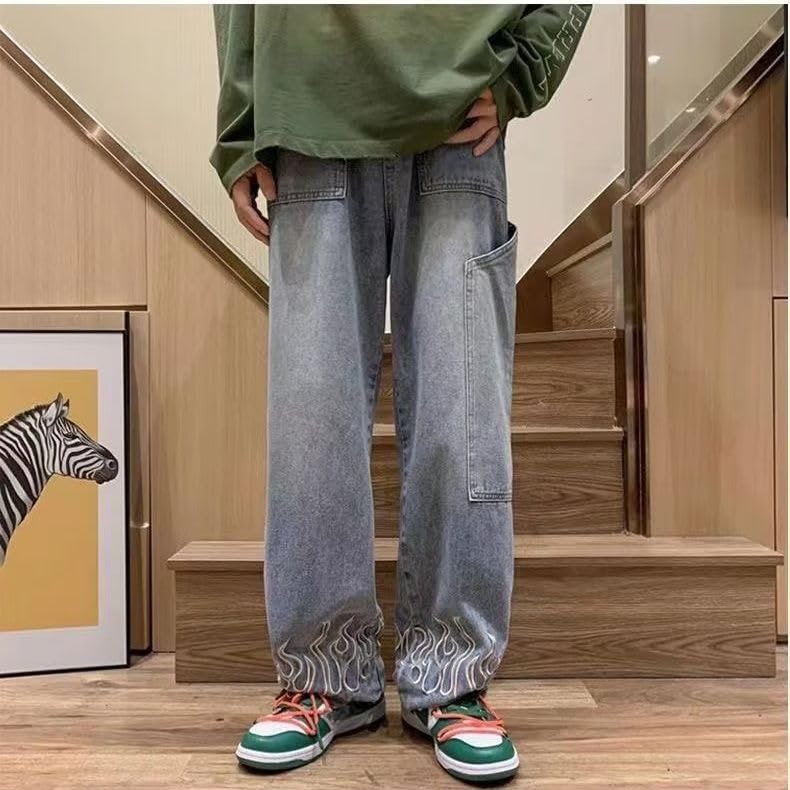 Men's Y2K Flame Pattern Wide Leg Jeans Casual Hip Hop Aesthetic Denim Pants Baggy Straight Leg Relaxed Fit Trousers (Blue,M)4