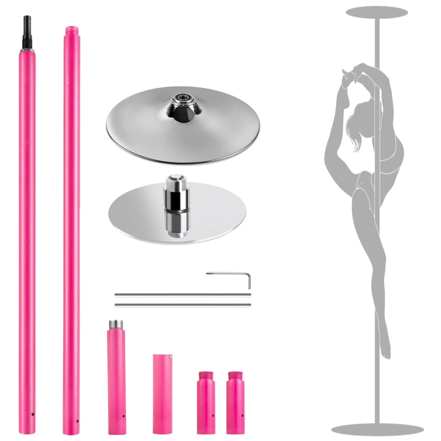FFitness Palo Pole Dance in Acciaio con Rivestimento in Silicone Rosa 2 modalità Static e Spinning Dance Pole Kit Palo da Ballo Regolabile
