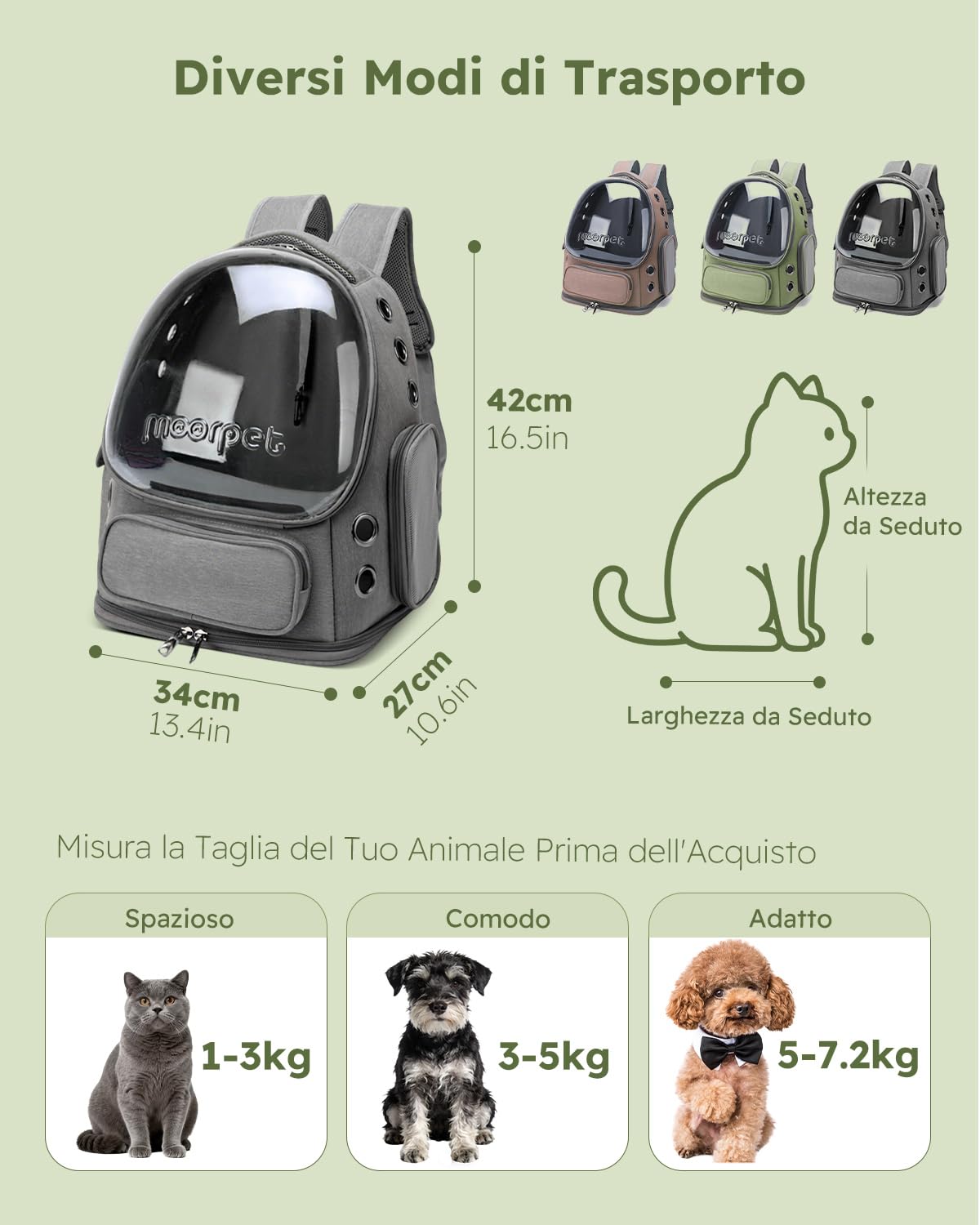 PETCUTE Zaino per Gatti e Cani,Zaino per Animali Domestici con Design a Bolle,Tappetino Rimovibile,Pieghevole e Portatile,per Animali Fino a 16lbs,per Viaggi,Escursioni e Cliniche Veterinarie,Grigio