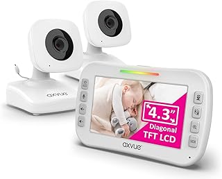Axvue Video Baby Monitor, Comfortable Slim Design Handheld Enclosure, 4.3" Screen Monitor & 2 Camera, Range up to 1000ft, 12 Hour Battery Life, 2-Way Talk, Night Vision, Temperature Monitor, No WiFi.
