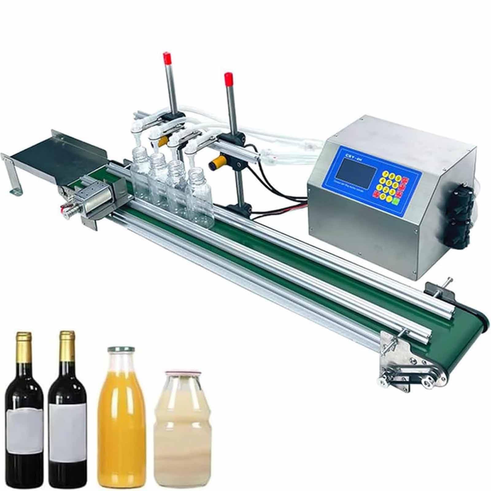 Riempitrice Automatica Liquidi a 4 Teste,150 W,Riempitrice per Bottiglie 10-500 Ml con Nastro Trasportatore, velocità Regolabile per Vino/Bevande/Cosmetici, Mini Linea Produzione,4H1200