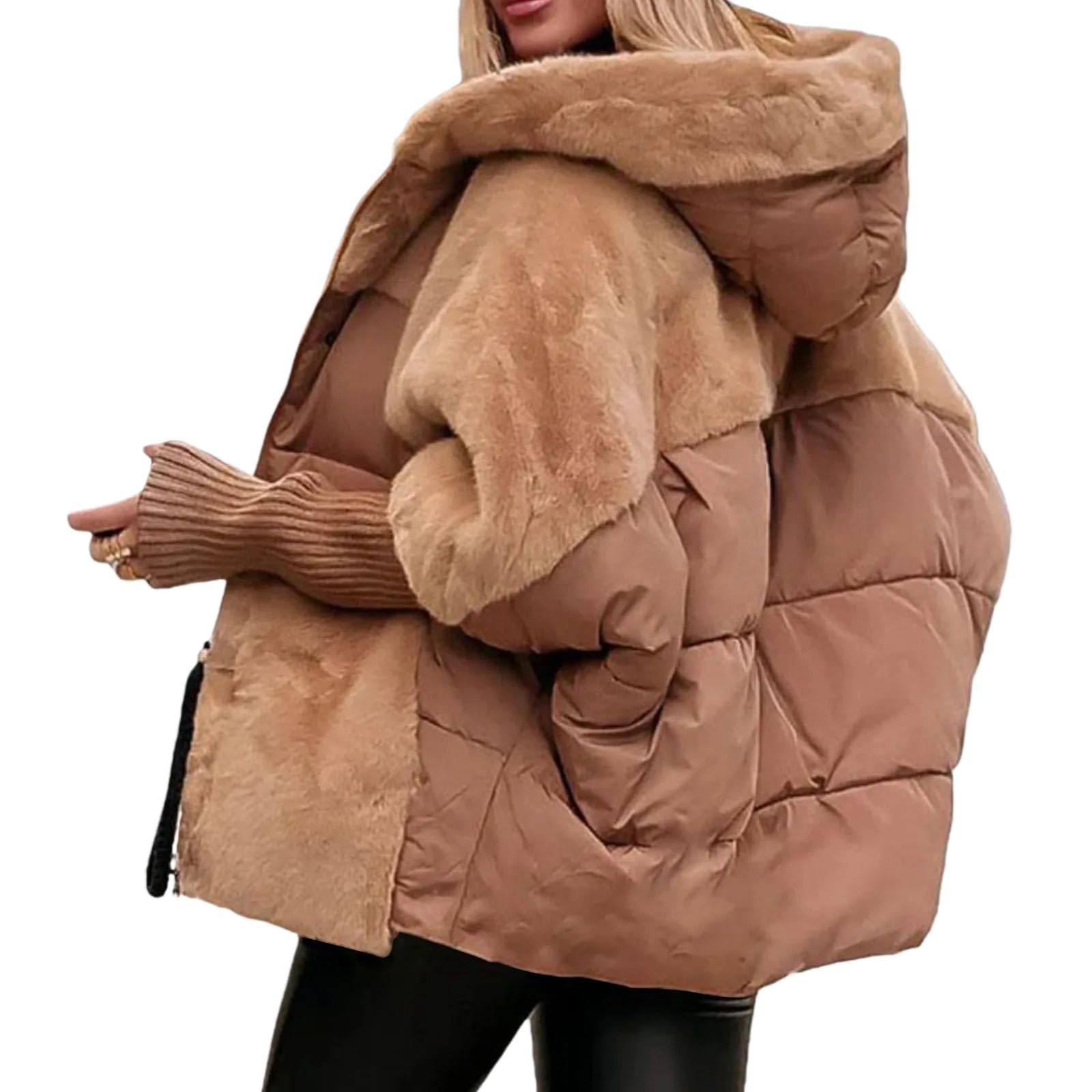 Generisch Oversized Damen-Steppjacke mit Kapuze, Patchwork-Design, wattiert, leicht und warm, Winterbekleidung