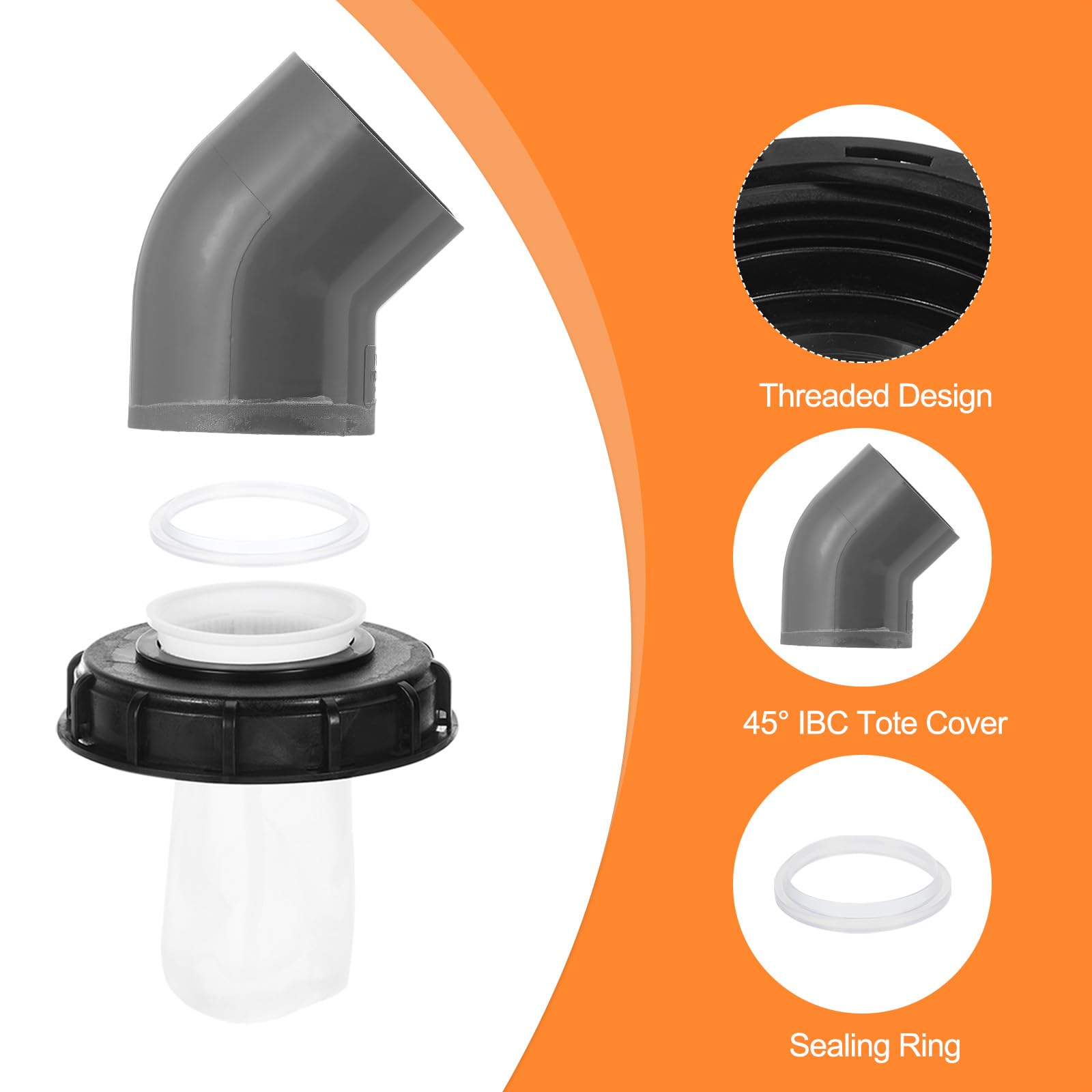 sourcing map Tapa de filtro IBC de 163 mm, adaptador de manguera de plástico IBC de 45°, contenedor de tanque de agua de lluvia de 1000 L con filtro de nailon lavable para tanques de agua de 275