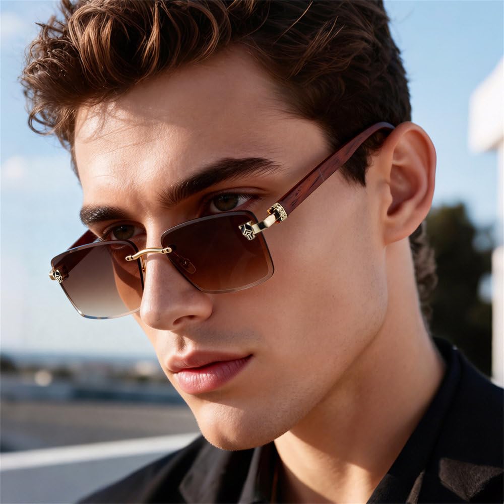 Modische rahmenlose Sonnenbrille für Damen und Herren (2026), Bügel in Retro-Holzoptik, polarisierte Gläser mit Sonnenschutz