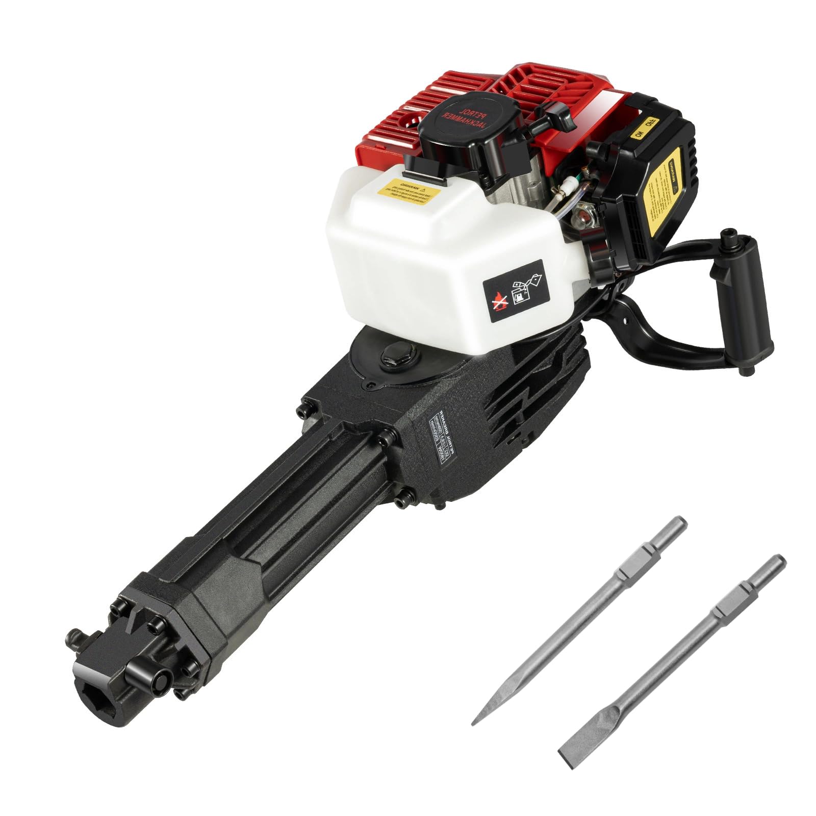Młot wyburzeniowy 1900 W, 1500 s/min, młot udarowy 55J ze szpicem i płaskim dłutem, niski poziom hałasu 70 dB, zbiornik 1,3 l, czas pracy 8 h, młot udarowy do betonu i skał