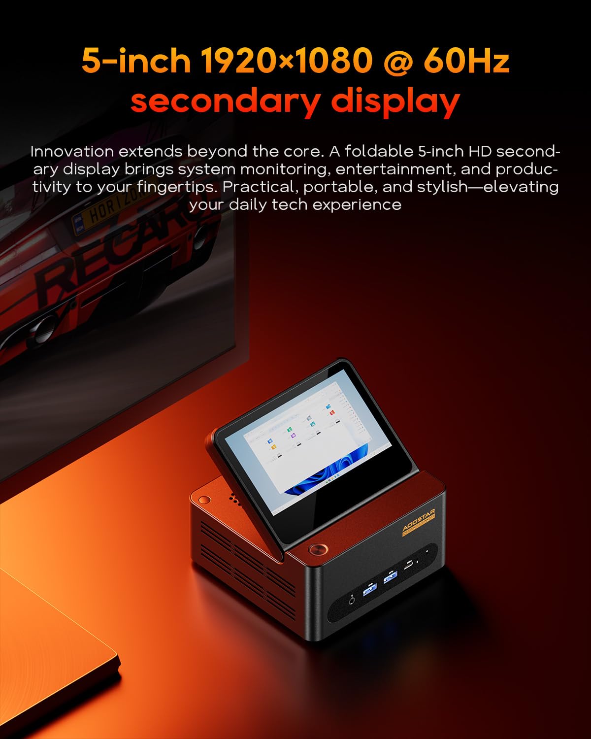AOOSTAR G-FLIP Mini PC R7 PRO 8845HS(5.1GHz,AI Prozessor),Mini Desktop Computer Kein RAM Keine M.2 PCIe4.0 SSD,Gaming PC Radeon 780M/OCuLink/Wifi 6/2xUSB4/2x2.5G LAN/5 Zoll faltbares Zweitdisplay