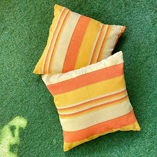 Image of RANGBHAR Handloom Cotton Cushion Covers with Concealed Top Zip, Striped /Solid Cushion Covers for Living Room, 16 x 16 inch, Yellow, Pack of 2