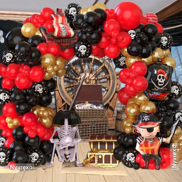 Image of Pirate Birthday Party Decorations, 142Pcs Red Black Metallic Gold Balloon Garland Arch Kit Pirate Ship Foil Mylar Balloon for Halloween Pirate Summer Pool Sea Sailing Adventure Ocean Theme Party