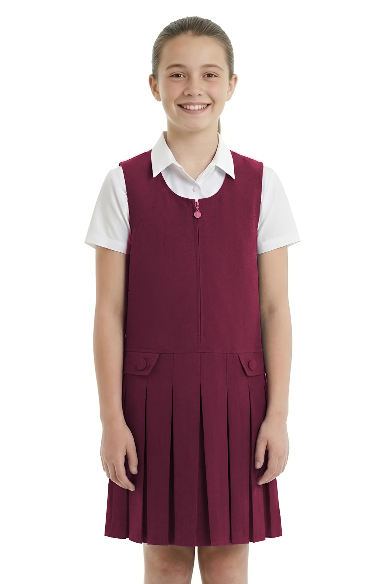 Girls School Pinafore Dress Box Pleated Skirt (16-17 Years, Wine/Maroon)