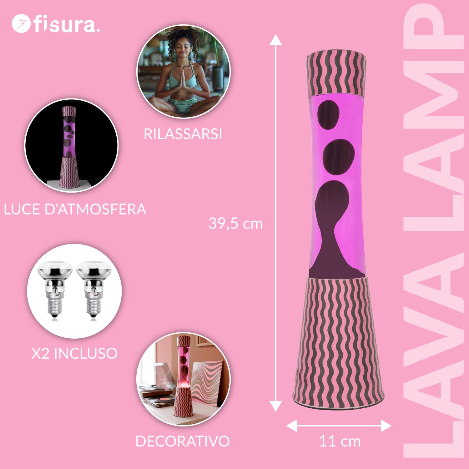 Fisura – Lampe à lave effet ondulations. Lampe décorative relaxante pour maison ou bureau, design original avec lave marron et liquide rose, ampoule de rechange incluse, 11 x 11 x 39,5 cm