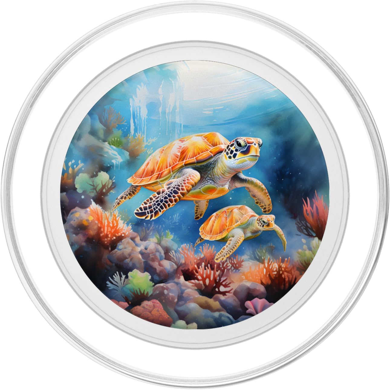 Mom and Baby Sea Turtle Swimming in Coral Watercolor PopSockets MagSafe PopGrip for iPhone