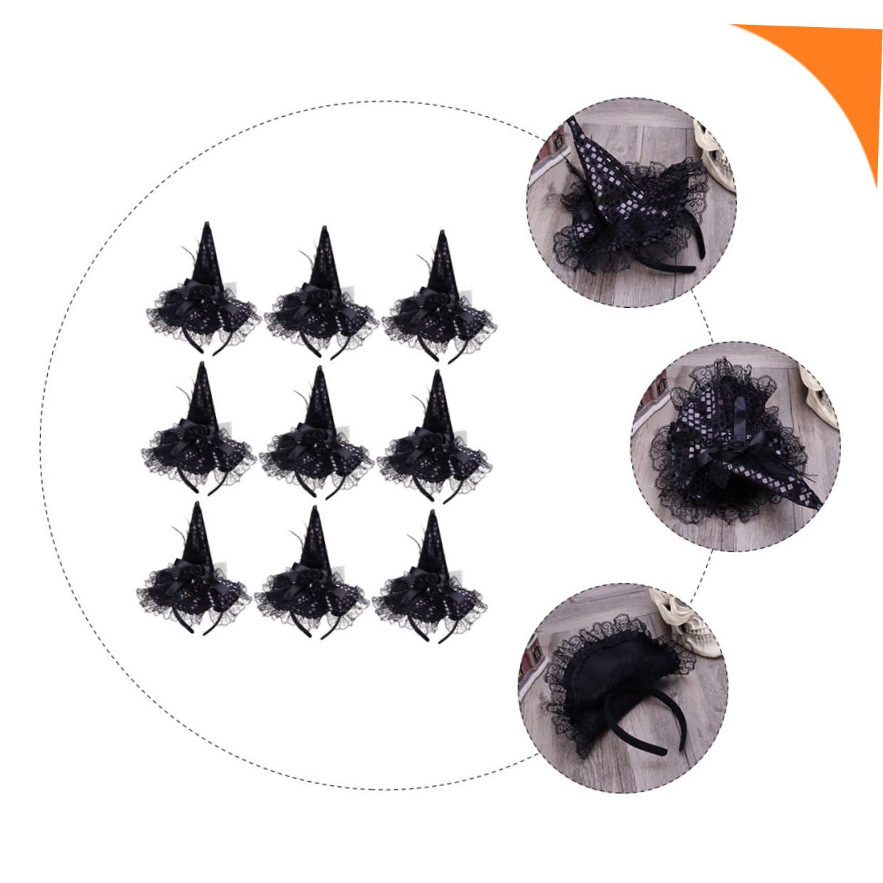 9 Pezzi Cerchietto per Chioma Halloween Cappello da Strega Nero Leggero Pizzo e Paillettes, Accessorio Cosplay per Feste e Party Costume