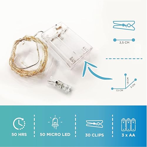 Miniatura 3 de Cadena de luces con clip para fotos (16.4 ft, 50 LED, 30 clavijas), funciona con pilas, luz de hadas colgante para dormitorio
