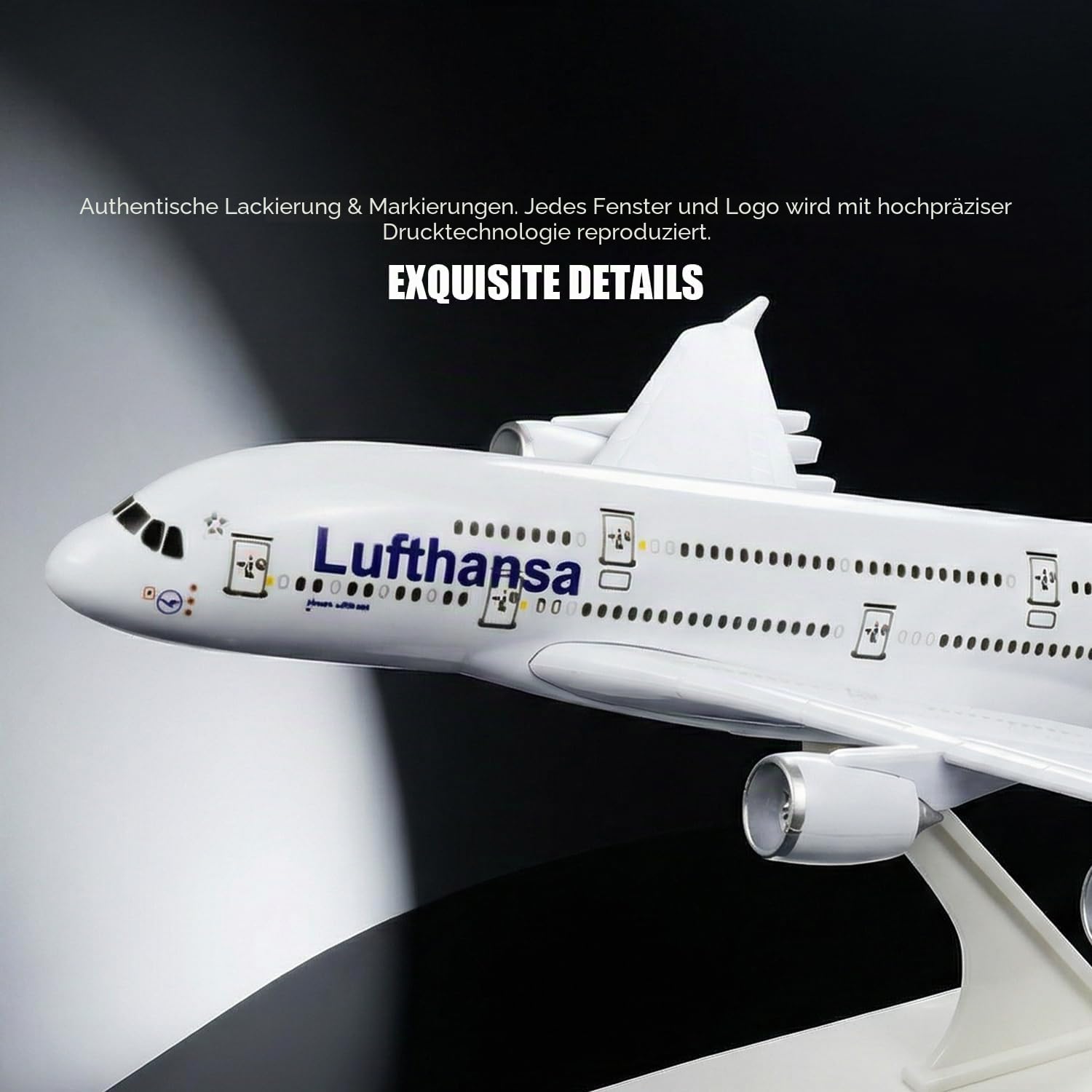 kolotesame Flugzeugmodell im Maßstab 1:280, kompatibel mit Lufthansa Airbus A380, Schnellbausatz aus Kunststoff mit Ständer, 25,5 cm lang, ideal zum Ausstellen oder Verschenken.