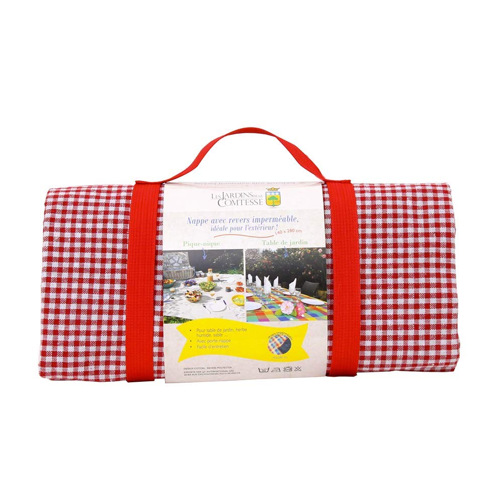 Les Jardins de la Comtesse - Nappe de Picnic Vichy Rouge - Coton et Revers Etanche Polyester - 140 x 140 cm - 2/4 Personnes - Tapis/Couverture de Picnic Pliable livrée avec Porte-Nappe