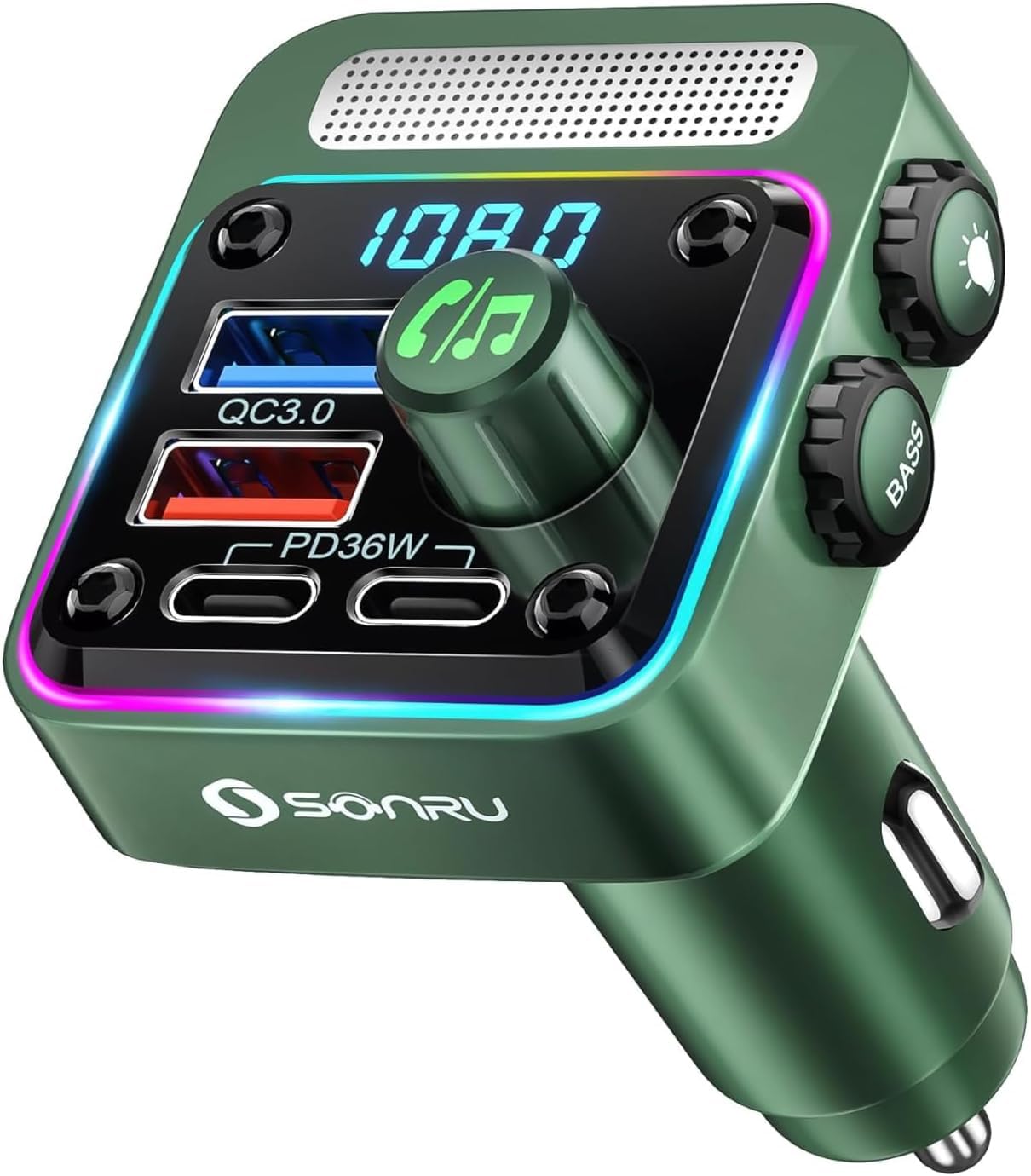 SONRU FM Transmitter Bluetooth 5.3 Adapter Auto, Bass & HiFi Stereo Freisprechanlage Mit [PD 36W & QC 3.0 18W] Schnelles Autoladegerät