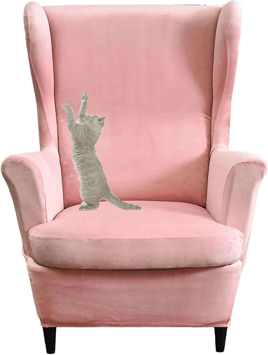 HACLEN Velvet Wingback Chair Cover 2 Pieces, Wingback Armchair Slipcover Stretch Wing Chair Cover Removable for Living Room (pink,one size)