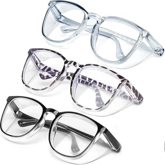 Lunettes de sécurité anti-brouillard avec objectifs clairs, lunettes de blocage de la lumière bleue pour hommes femmes,UV Protection Vêtements protecteurs (DSCHM9-3P-Black+Newsleopard+Transparent Blue)