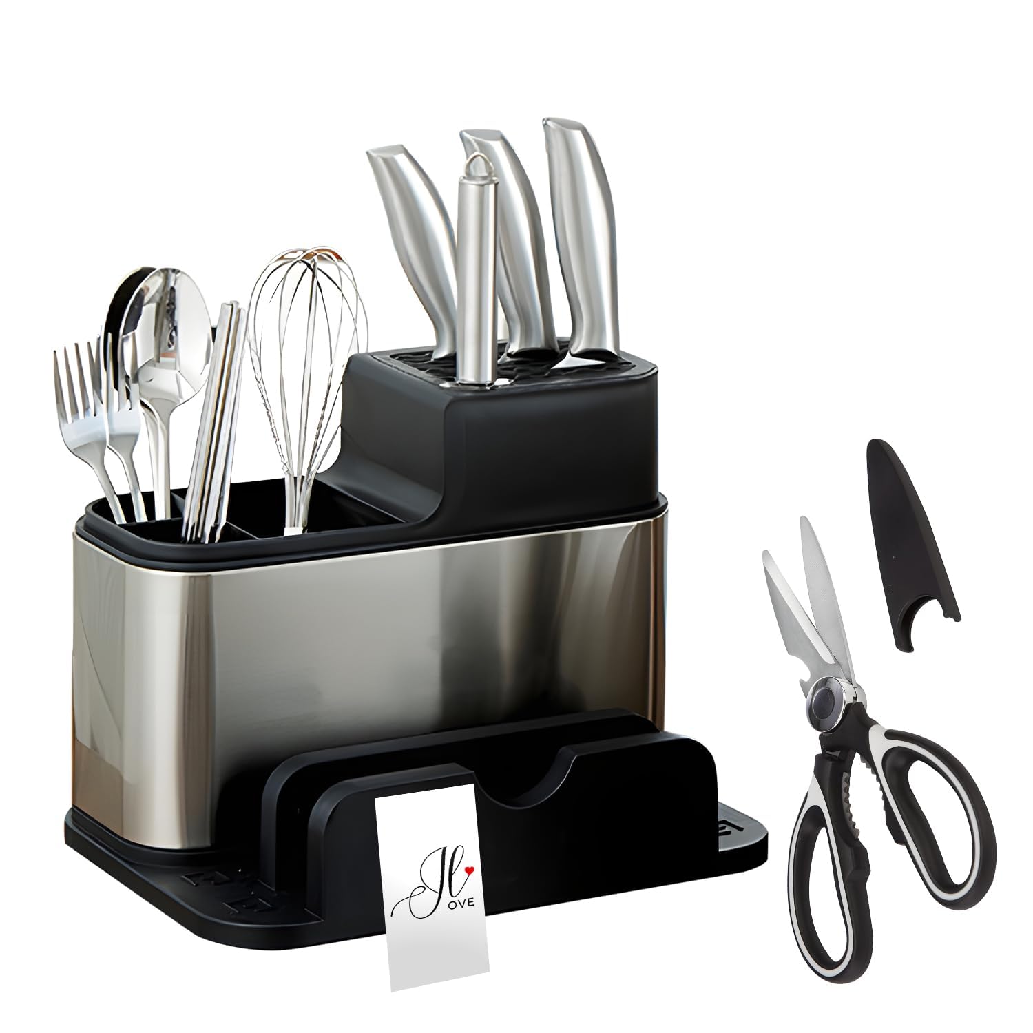 ILDOTove Compact Kitchen Knife Organizer w/Scissors & Sheath Included - Durable Space-Saving Design for Chef, Bread, Utility Knives - Protects Blades, Prevents Dullness (20.5x18x21cm)