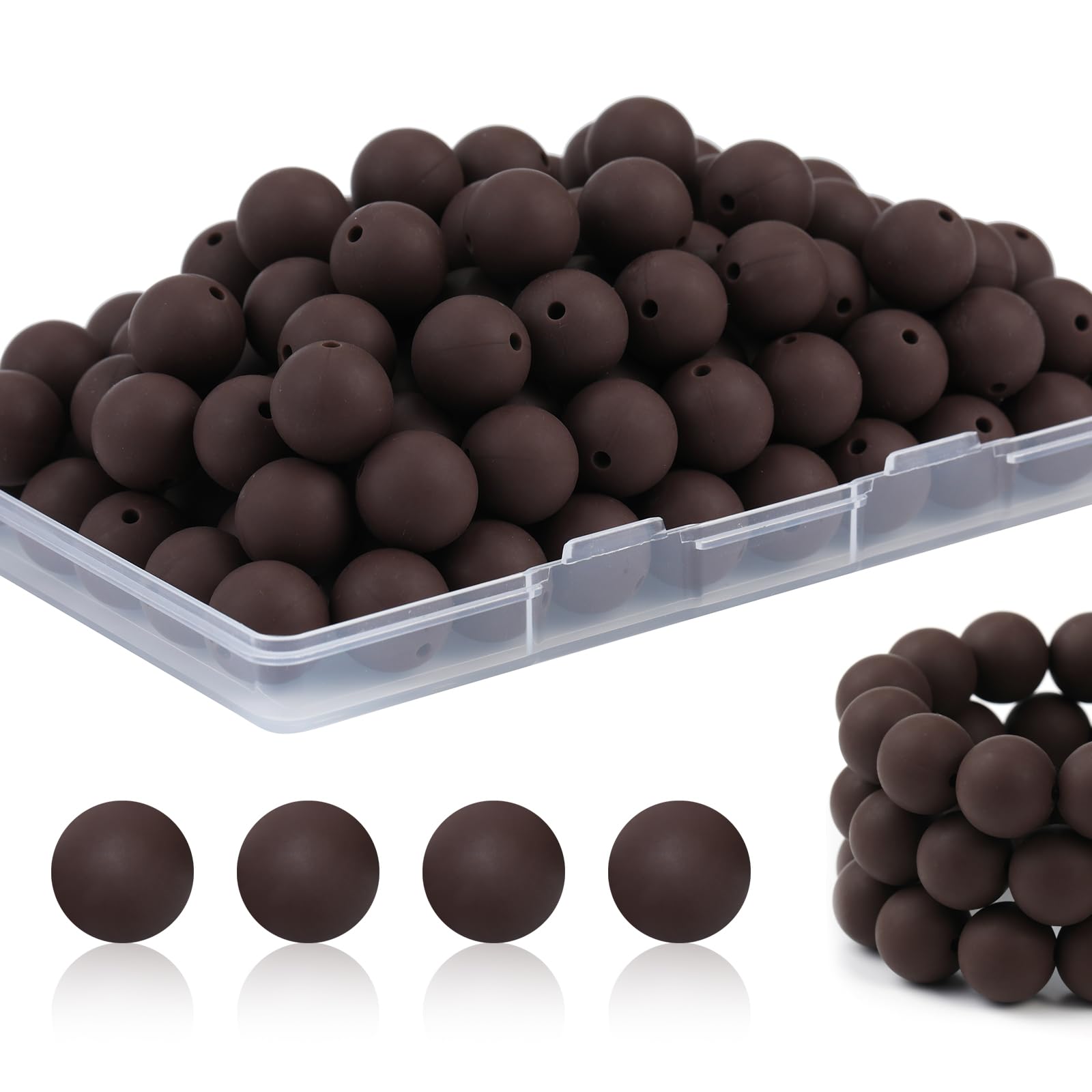 100Pcs 15mm Silicone Beads for Keychain Making Bulk for Pens and Round Focal Beads for Bracelet Making (Chocolate)