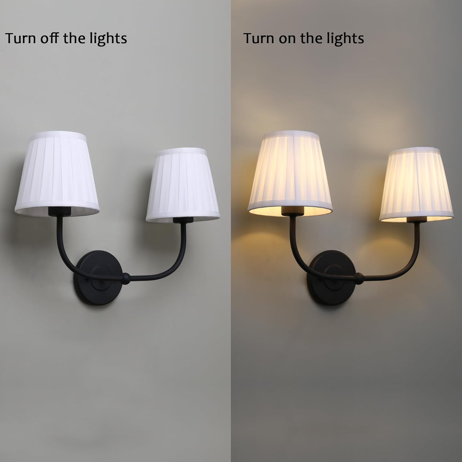 PERMO Vintage Sconce Black 2-Lights Wall Sconces with Pleated White Stripe Fabric Shades Retro Bathroom sconces Hardwired Double Sconce for Farmhouse Bedroom Hallway