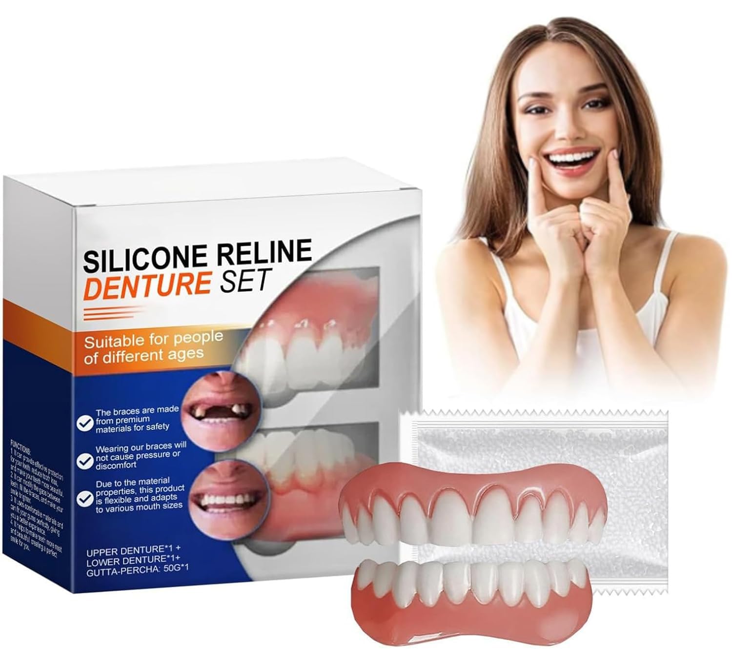 Silicone Reline Denture Set, Lightweight Nursing Braces, Soft Denture Reline Kit, Dentures False Teeth Set for Adults,Upper and Lower Denture,Snap on Veneers Teeth for Men Women Adults (1pc)