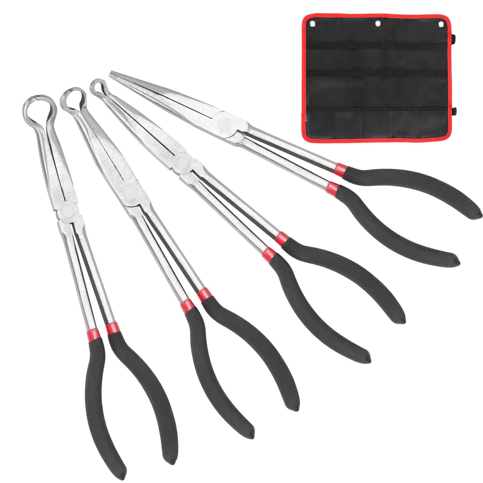 Cimeton 4Pcs 3 Sizes Hose Gripper Pliers Set(1/4", 1/2", 3/4" Dia) with 11" Long Needle Nose Pliers Long Reach Hose Grip Pliers Ring Nose Hose Gripper Pliers Long Reach Pliers for Narrow Spaces
