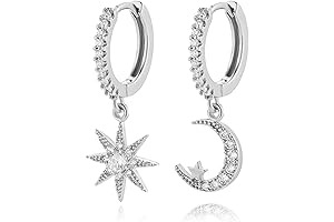 Star and Moon Earrings for Women, Silver Round CZ Drop Dangling