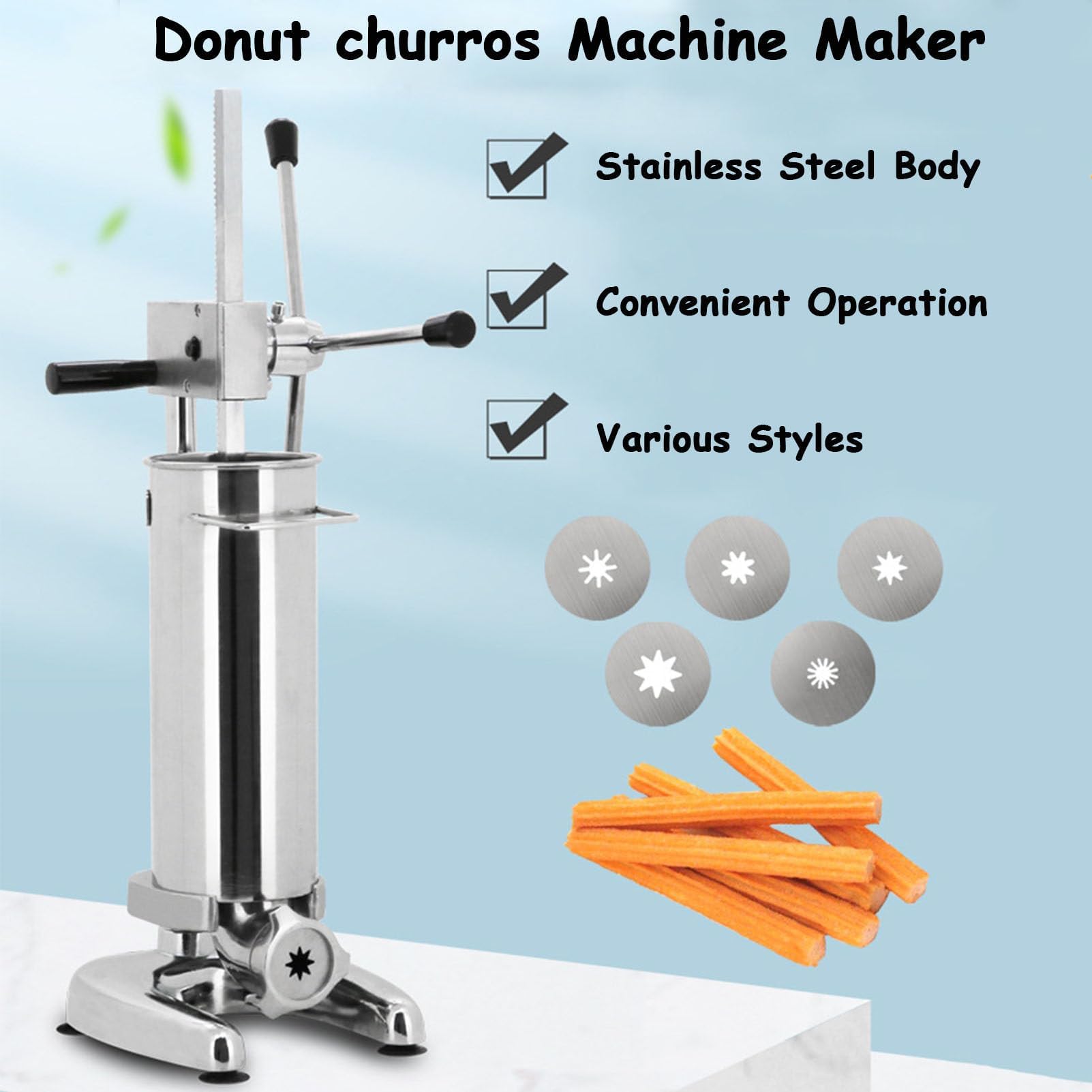 Máquina manual para hacer churros, 2L/3L Churrera española comercial con 5 moldes, diseño vertical de acero inoxidable, perfecta para relleno de churros y equipos de aperitivos, 3 L