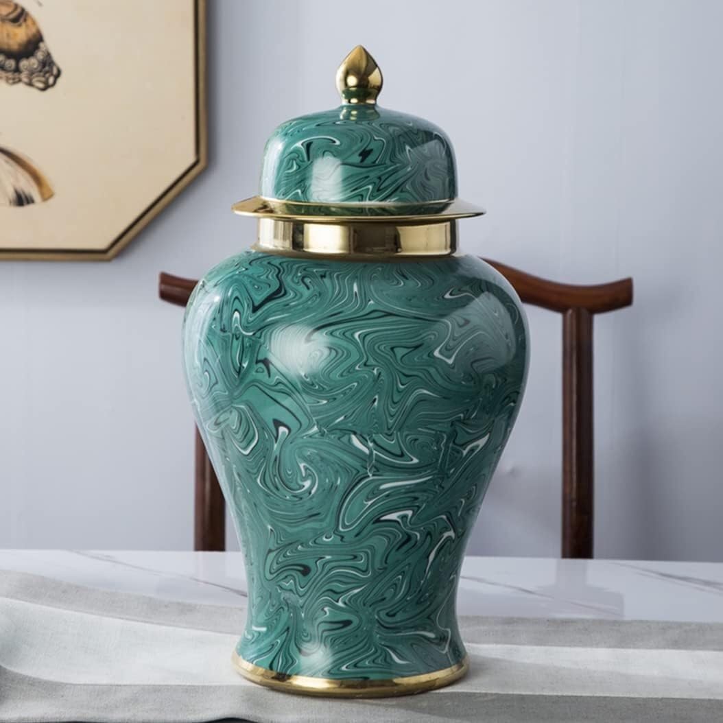 słoik na imbir, Zielony słoik na imbir ze złotym wykończeniem porcelanowy(19 * 37cm)
