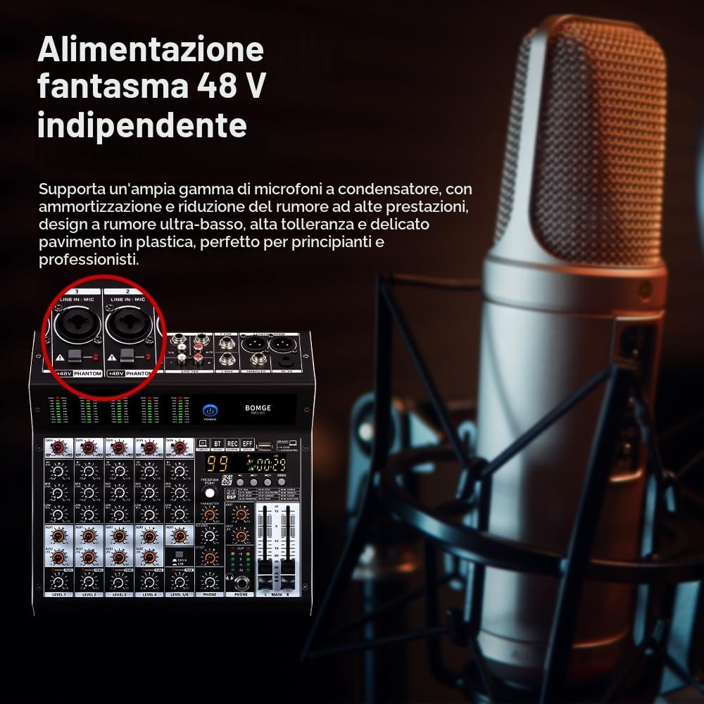 BOMGE Mixer audio professionale a 6 canali console di mixaggio con 99 effetti DSP, +48 V Phantom, Bluetooth, interfaccia USB.2 processore AUX.FX per registrazione in studio e spettacoli dal vivo