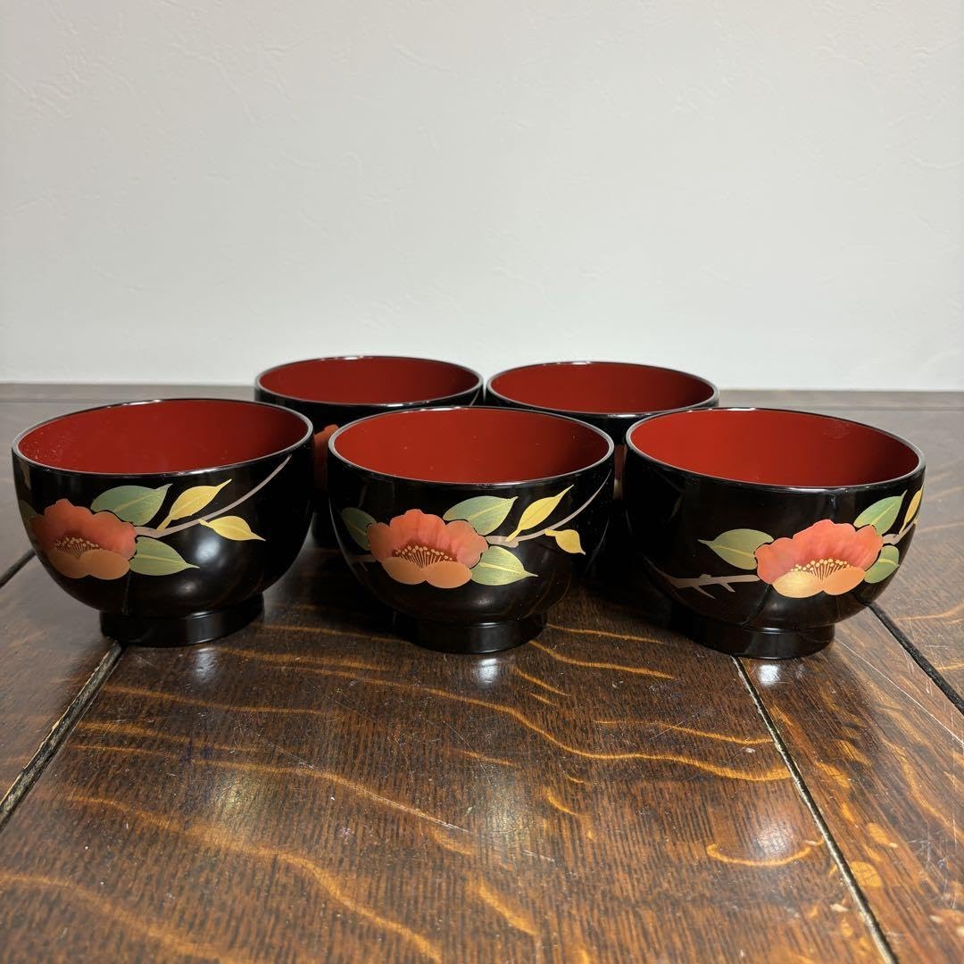 美品　高級　漆器　会津　木製 赤い 汁椀 5個セット Amazon.co.jp: 高級漆器会津塗 汁椀5客セット 亀仙工房祥