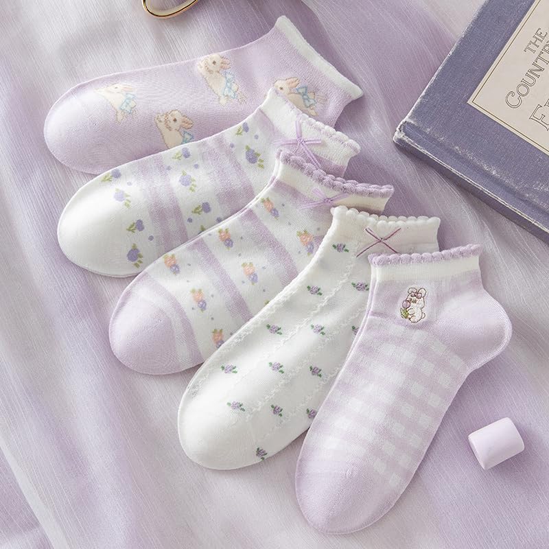 Image of Cute Socks Purple Bow Cartoon Bunny Socks For Women Ankle Ruffle
