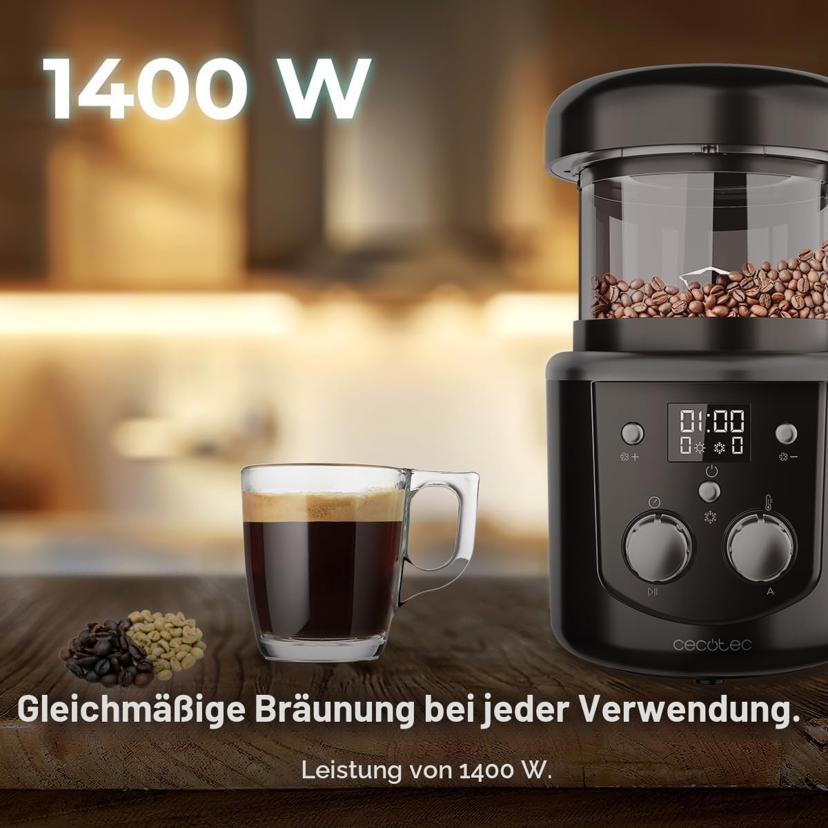 Cecotec Elektrische Kaffeebohnentrommelröster Roaster Booster. 1400W, Kaffeezubehör, automatisches oder manuelles Rösten, gleichmäßige Röstung, Kapazität von 100-150g, einstellbare Zeit von 8-15 Min