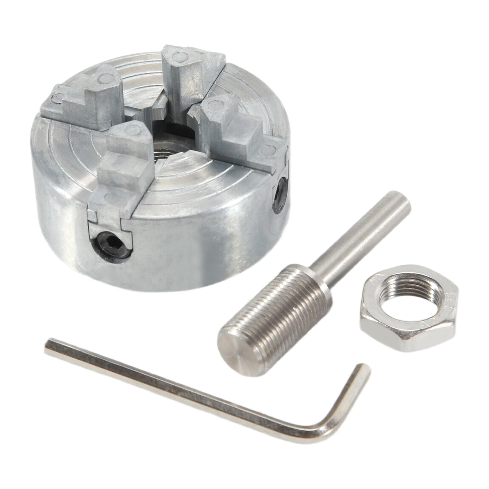 ximie 4 Jaw Lathe Chuck, Zinc Alloy Lathe Chuck Set Silver with Wrench and Connecting Rod,for Woodworking Lathes
