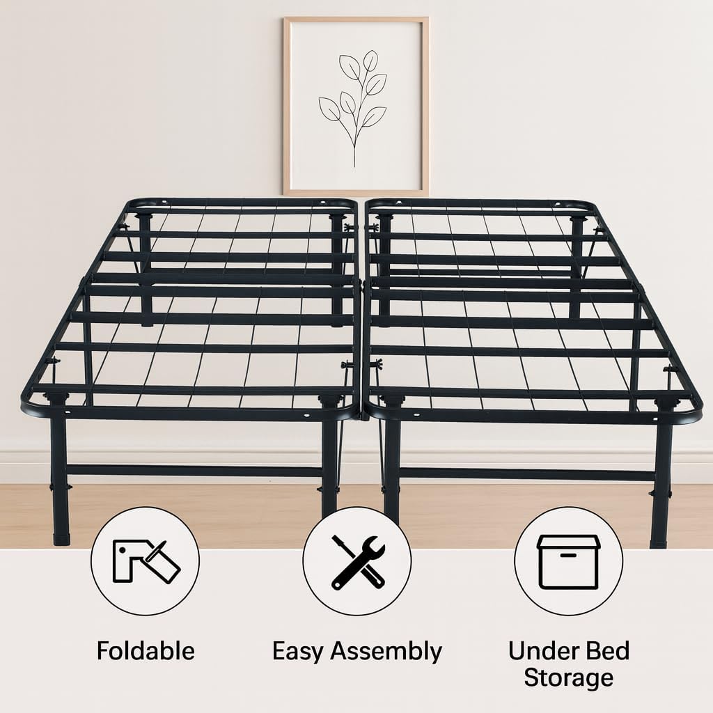 Naomi Home Foldable Queen Metal Bed Frame with 13-Inch Underbed Storage, Fully Assembled Steel Platform No Box Spring Needed, Squeak-Free 600 lb Capacity for Stress-Free Setup and Small Spaces, Black